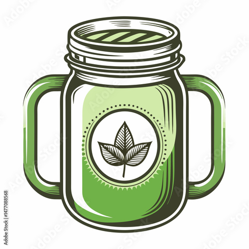 A mason jar adorned with a green leaf resting on its surface, showcasing a natural and rustic aesthetic.