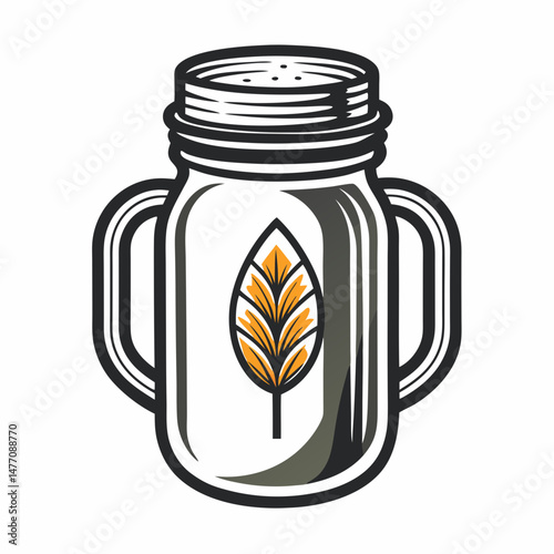 A mason jar adorned with a green leaf resting on its surface, showcasing a natural and rustic aesthetic.