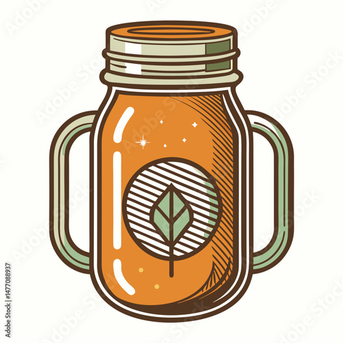 A mason jar adorned with a green leaf resting on its surface, showcasing a natural and rustic aesthetic.