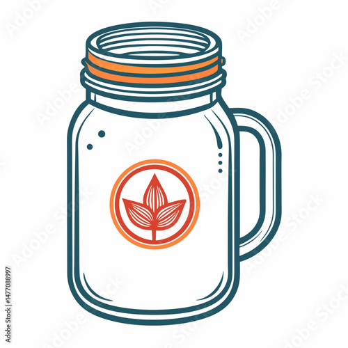 A mason jar adorned with a green leaf resting on its surface, showcasing a natural and rustic aesthetic.