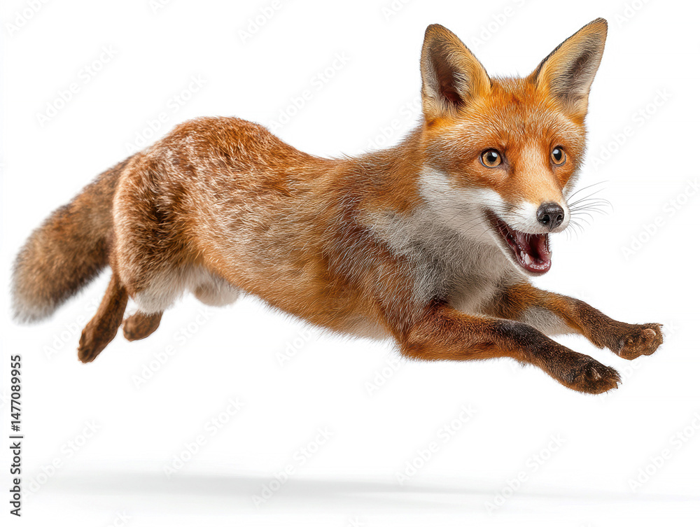 Fototapeta premium Close-up of an agile arctic fox running on snow, with sharp fur texture and alert ears Shallow depth of field, emphasizing subject amidst blurred background - AI-Generated