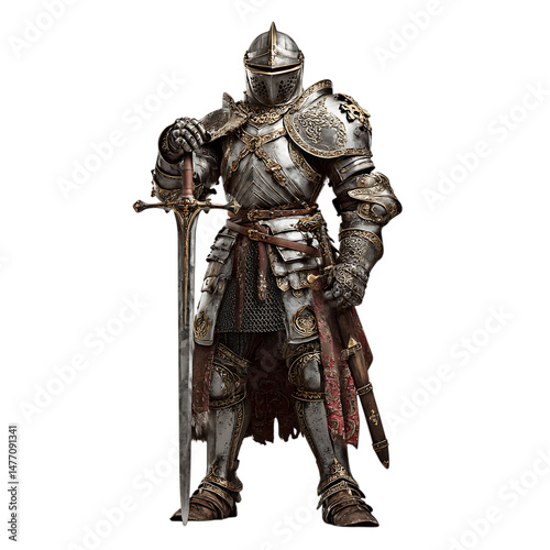 Medieval knight with sword in heavy armor harness png