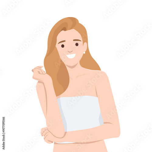 Woman in a white strapless top smiles brightly with one arm bent upward, exuding confidence. Flat vector illustration isolated on white background
