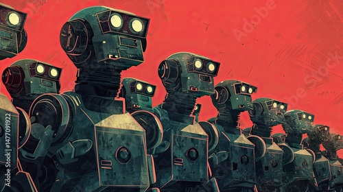 A line of identical robots with glowing eyes against a red background in a futuristic style