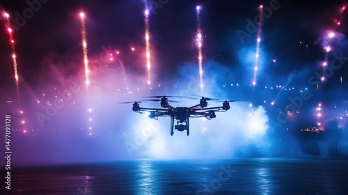 A drone is hovering near colorful fireworks display at night