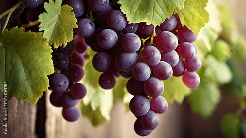 A bunch of ripe red grapes on the vine, a delicious fruit of autumn's vineyard harvest