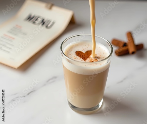 A close-up of a glass of hot latte coffee with a heart-shaped cinnamon topping, being poured with milk. The scene is set on a white marble table with a blurred menu and cinnamon sticks in the backgrou