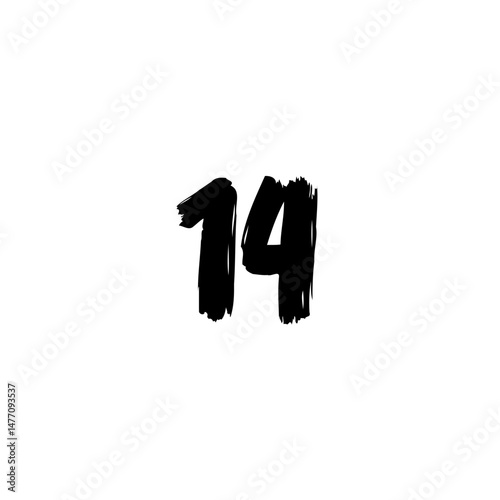 Distressed depiction of the numeral fourteen, in bold brushstroke style