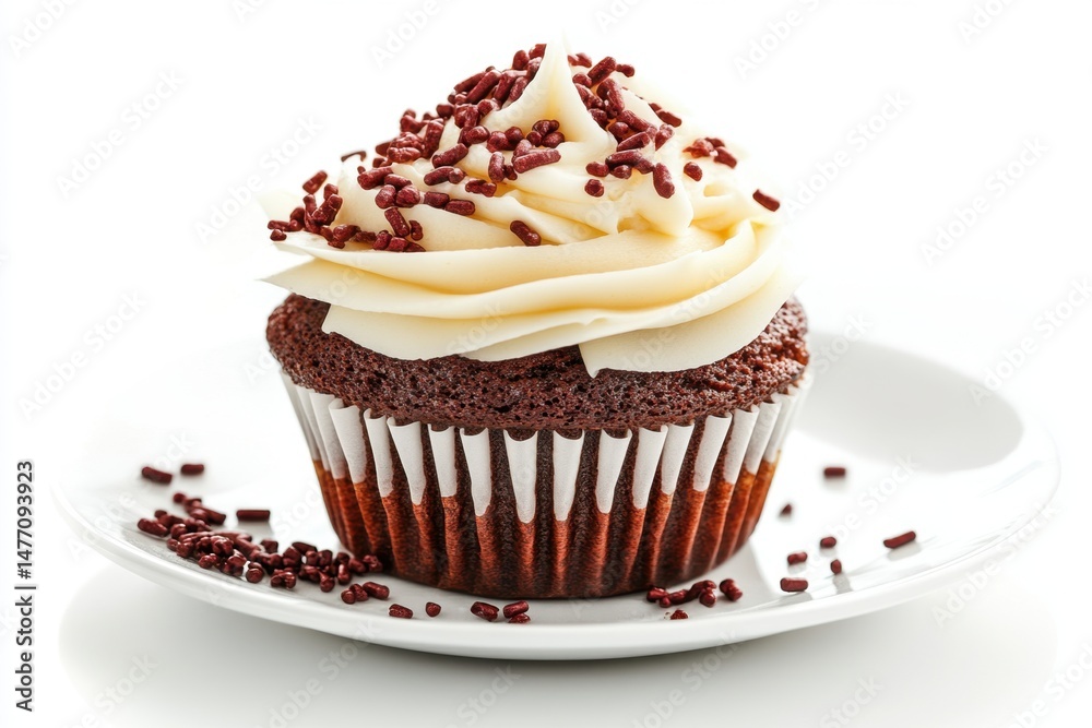 Delicious Chocolate Cupcake with Vanilla Frosting and Sprinkles on White Plate Studio Shot Delicious Chocolate Cupcake with Vanilla Frosting and Sprinkles on White Plate Studio Shot