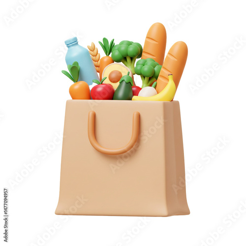 3D rendering of a grocery bag filled with an assortment of fresh produce