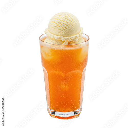 Refreshing orange soda float with vanilla ice cream in a clear glass