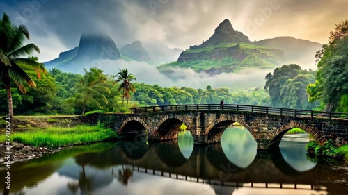 Serene bridge over calm water with lush green vegetation and majestic mountains