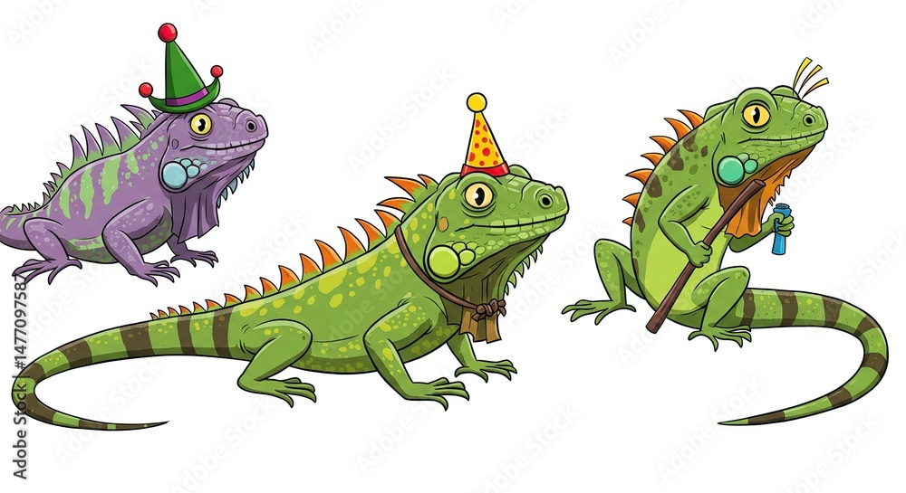 Fototapeta premium Funny Iguana Cartoon Characters in Party Hats
