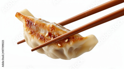 Close-Up of Gyoza Dumpling Held by Chopsticks with Sesame Seeds