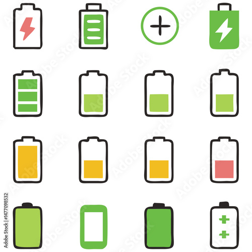 Hand Drawn Battery Level Icons Set for Mobile App