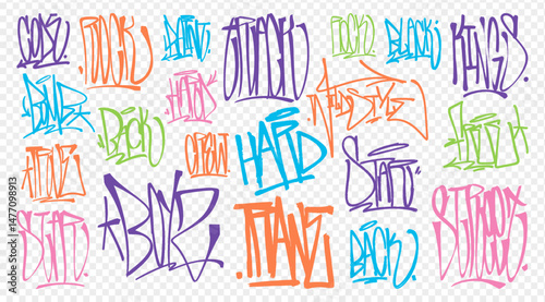Street hip-hop graffiti tags, a collection of various inscriptions