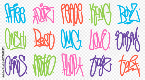 Street hip-hop graffiti tags, a collection of various inscriptions