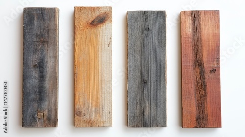 Four reclaimed wood planks in varying shades of grey, brown, and black, arranged on a white background.