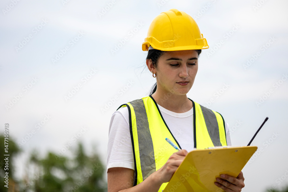 Fototapeta premium Female worker or engineer wearing safety gear, a yellow hard hat and vest. Construction worker is holding a clipboard standing near a large concrete bucket as part of an active construction operation.