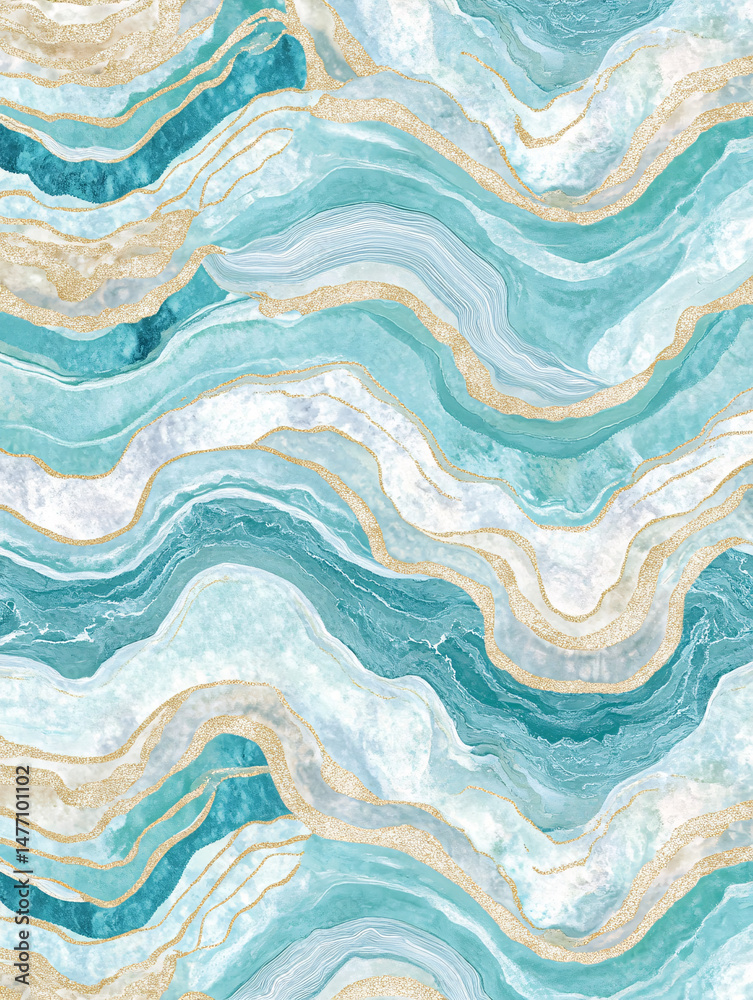 Fototapeta premium Abstract Teal and Gold Watercolor Wave Pattern