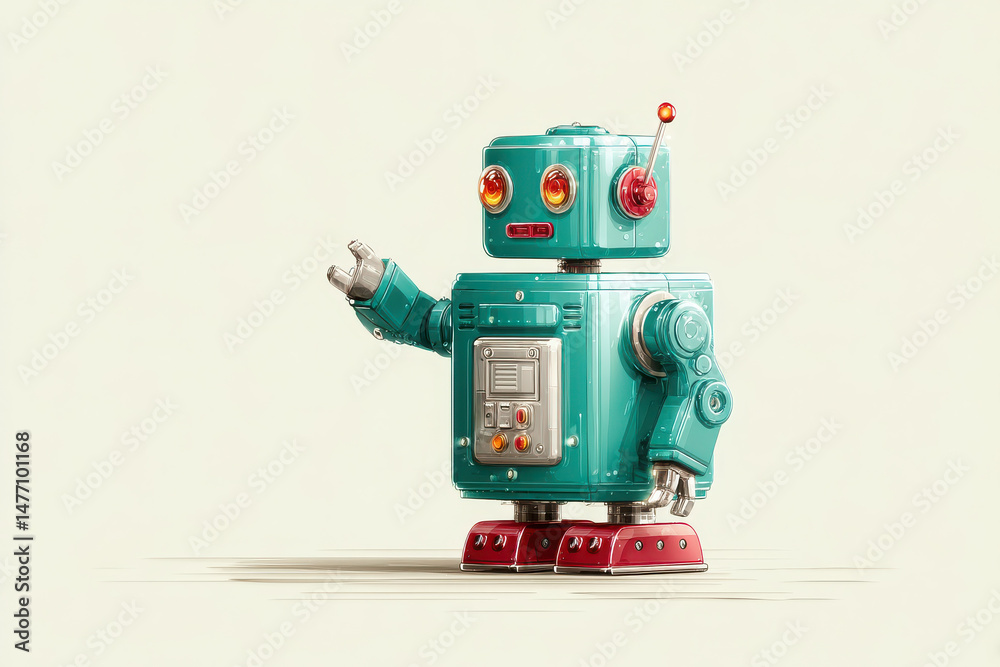 Fototapeta premium Charming toy robot with turquoise body, red accents, and friendly wave, evokes nostalgia and joy