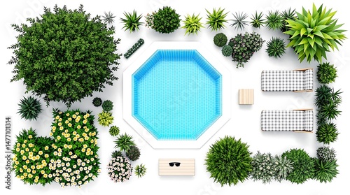 Overhead view of a beautiful outdoor pool area with landscaping and lounge chairs