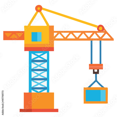 Colorful Illustration of a Construction Crane Lifting a Block