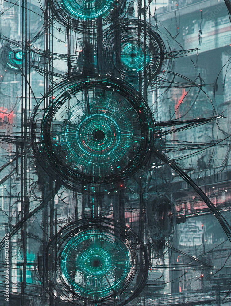 Obraz premium Cyberpunk Cityscape Futuristic Digital Art of Mechanical Structures and Glowing Circles