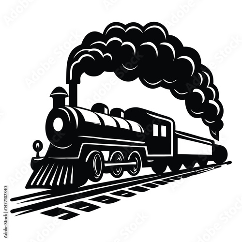 Vintage Steam Train Locomotive Black and White Illustration