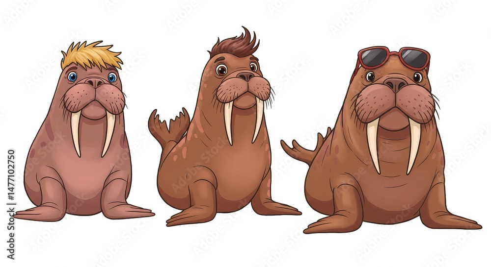 Fototapeta premium Three Walrus Cartoon Characters with Different Hairstyles