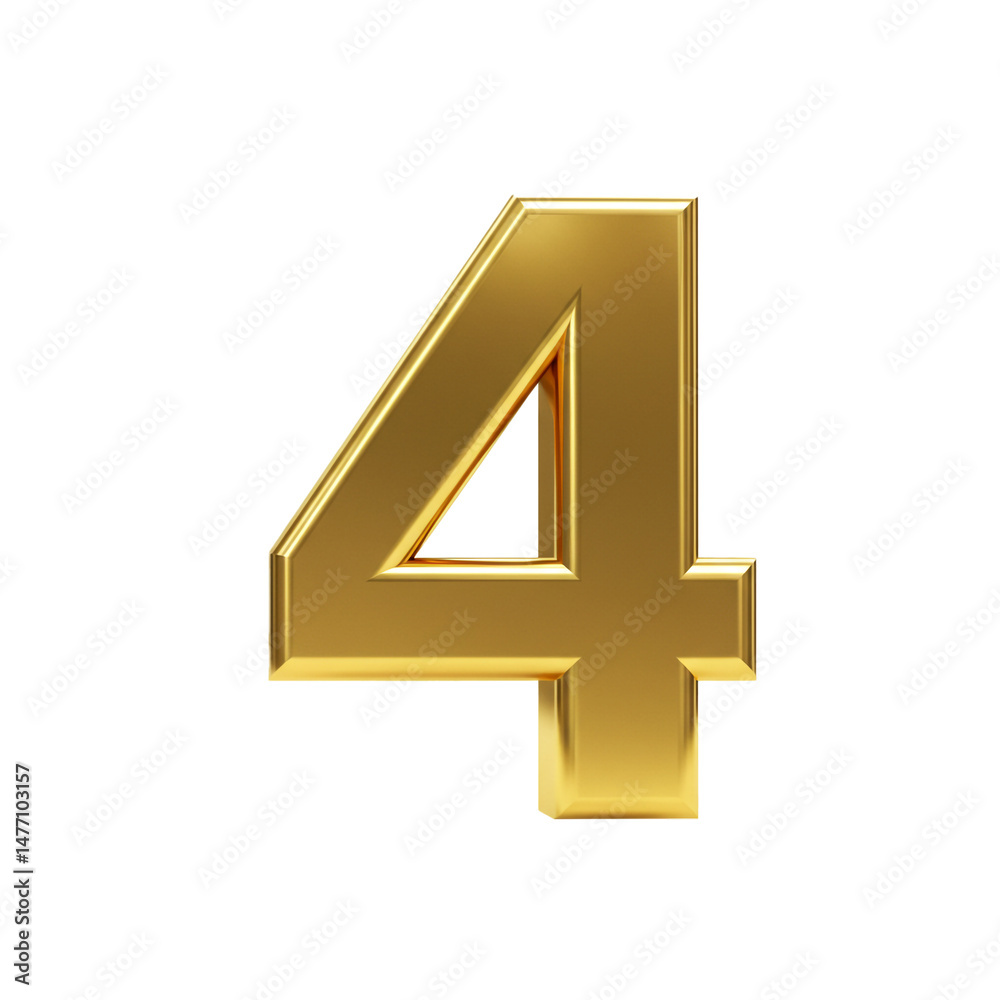 Obraz premium Elegant 3D render of number four in shiny gold on clean white backdrop