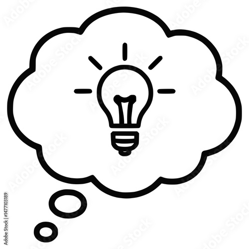 thought bubble with a light bulb inside, minimalistic, outline design, symbolizes thinking or imagination