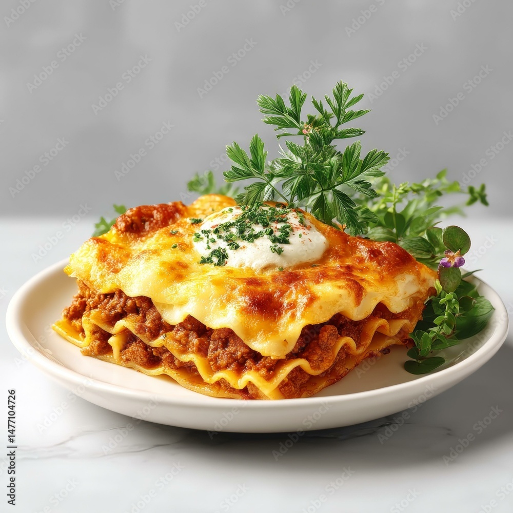 Delicious Beef Lasagna Served on Plate with Herbs Delicious Beef Lasagna Served on Plate with Herbs