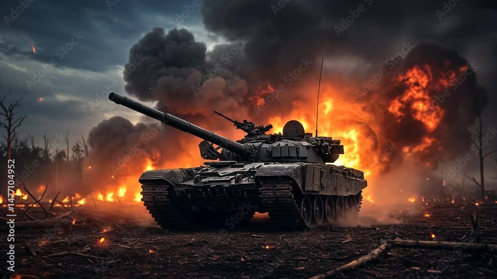 War scene: a tank advances while pillars of fire and smoke rise behind it, cinematic video footage

