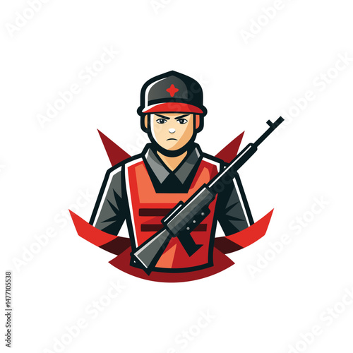 Flat and Minimal men soldiers with rifle logo vector illustration isolated on white background