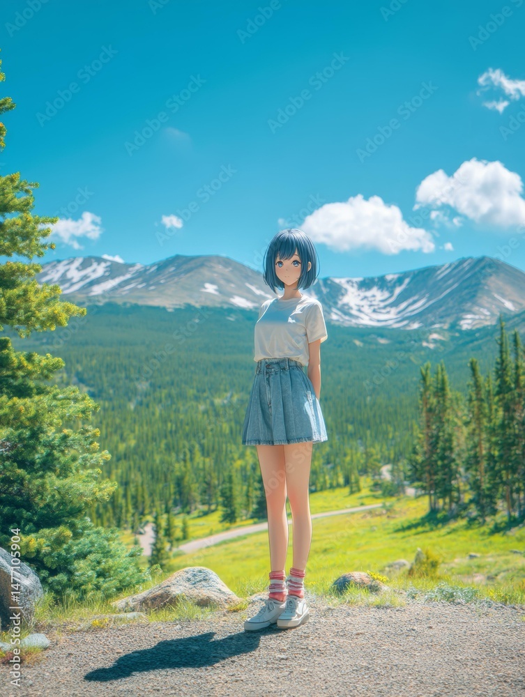 Naklejka premium Anime Girl Outdoors Mountain Landscape Illustration