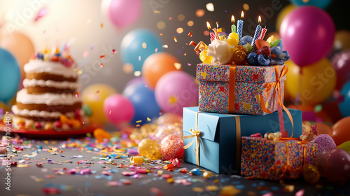 Colorful Birthday Celebration with Gifts, Balloons, and Cake photo