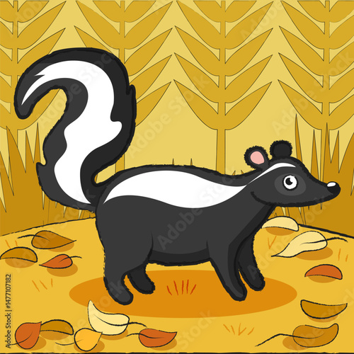 Cute vector skunk in cartoon style. a drawing for children, hand-drawn. North American fauna, colorful furry animal on the background of autumn.
