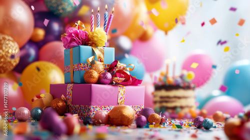 Colorful Birthday Celebration with Gifts, Balloons, and Cake photo