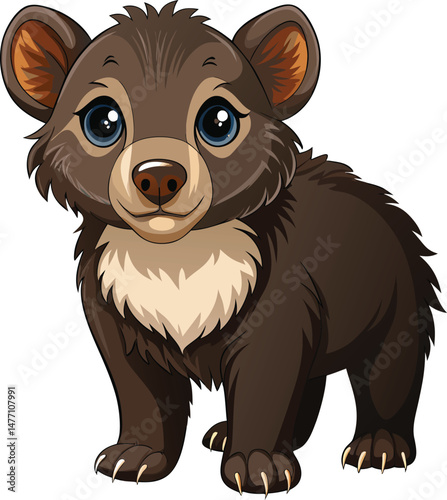 Cute Bear Cub: An adorable brown bear cub with big blue eyes looks directly at the camera with a cute, innocent expression,  ready to melt your heart.  