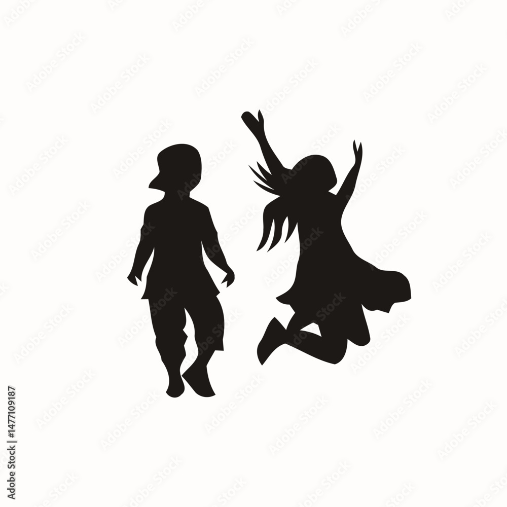Naklejka premium Energetic Children Playing, Dynamic Kid Silhouettes, Jumping and Movement Illustration, Joyful Youthful Motion Art, Simple Black and White Vector