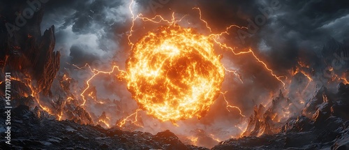 Fiery sphere, stormy landscape, apocalypse