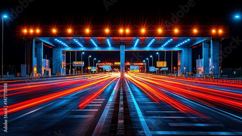 Night Highway Toll Plaza, Lights Trails, Long Exposure Photography