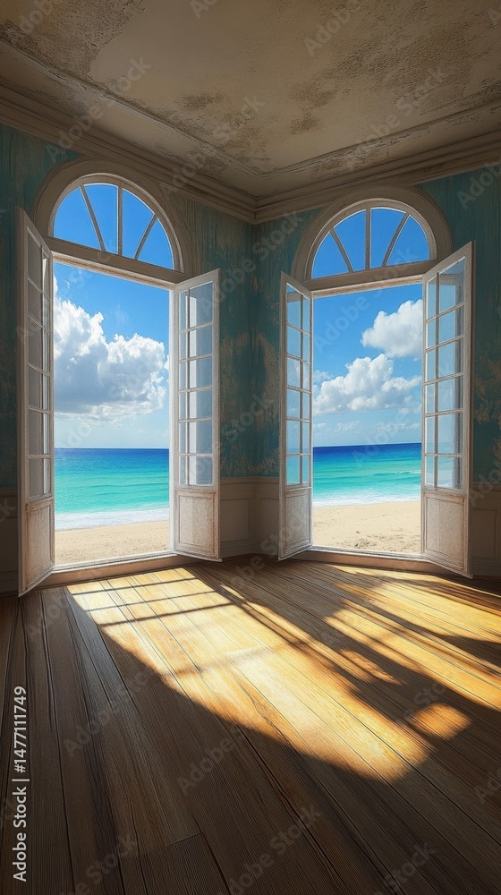 Fototapeta premium Room with Open Doors Overlooking Beach, Bright Sunny Day, Interior View, Tropical Destination, Vacation Getaway, Coastal Scene, Light and Airy