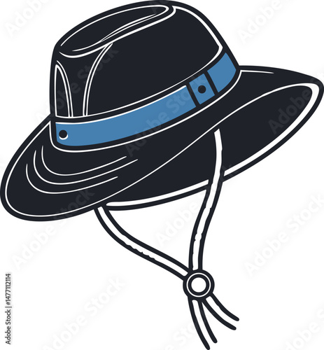 Stylized Cowboy Hat Vector Illustration with Blue Band and Chin Strap
