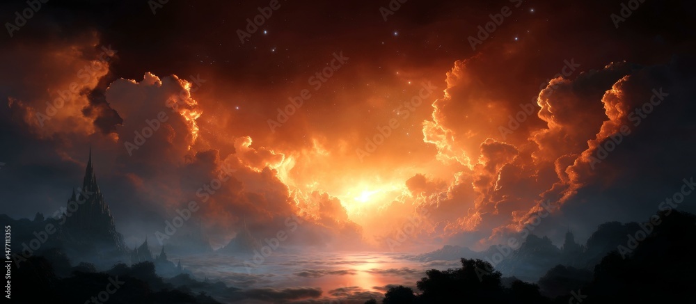 Naklejka premium Fiery Sunset Over a Majestic Fantasy Landscape