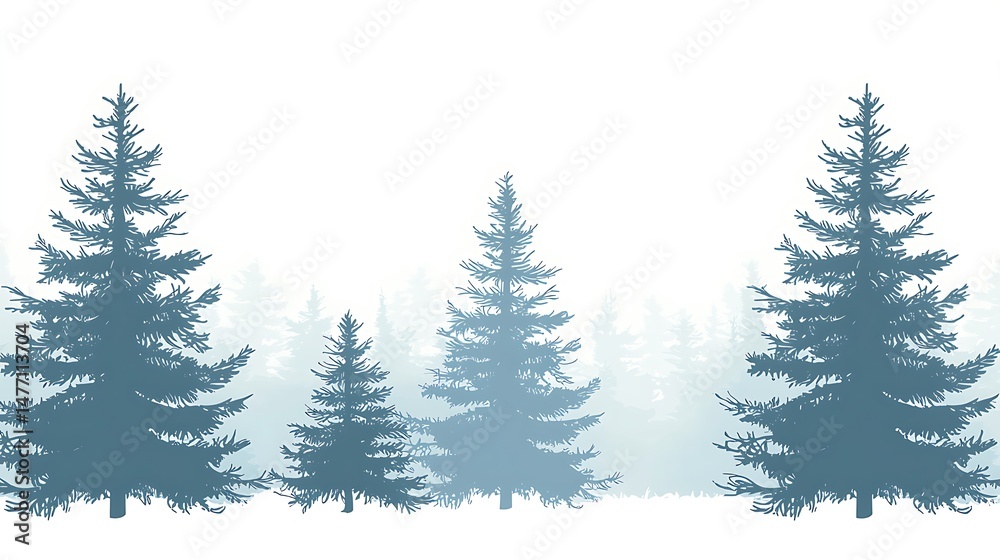 Fototapeta premium Winter pine forest with white fog and minimalistic composition.