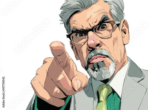 A middle-aged man dressed in a suit points his finger with intensity, conveying a sense of urgency. The environment is bright, enhancing the impact of his expression and gesture.