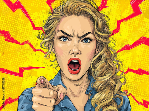 A woman with long, wavy blonde hair is pointing directly at the viewer while displaying a fierce expression.