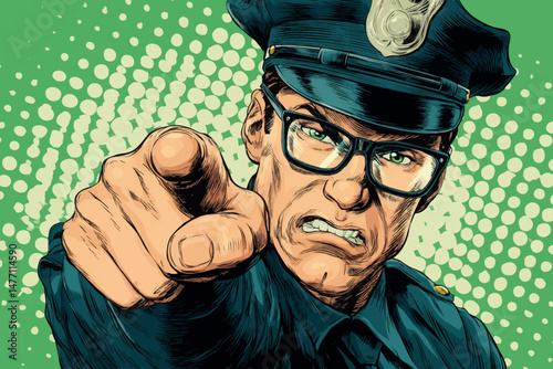 A policeman stands confidently, pointing assertively with his finger while engaging with nearby individuals.